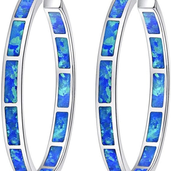 Jewelry - Opal Hoop Earrings Rhodium Plated Blue Fire Opal Women Jewelry Gift Box